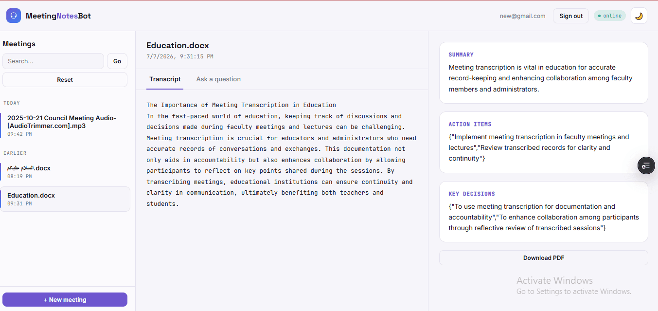 Meeting transcript with summary, action items, and key decisions