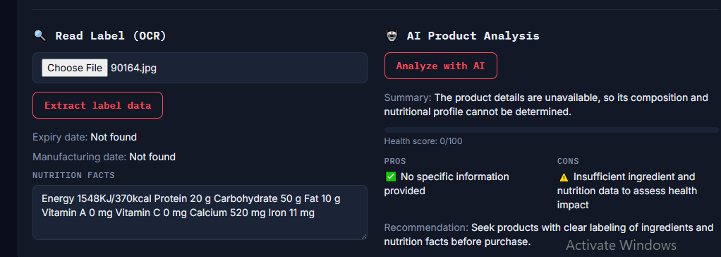 AI product analysis with health score, pros, cons, and recommendation