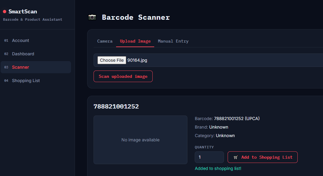 Scanned barcode result with product details and add-to-list option