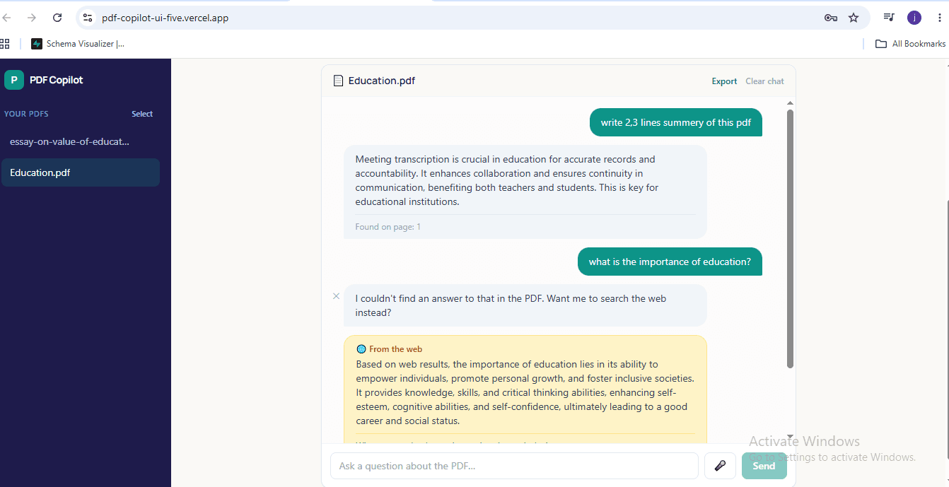 Chat interface showing a cited answer and web fallback