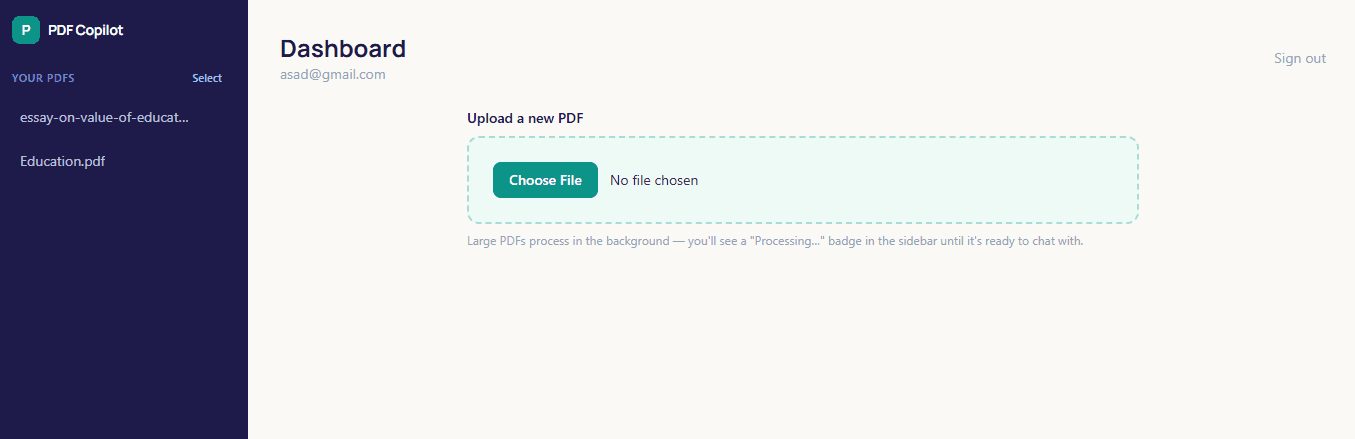 PDF Copilot dashboard showing PDF upload